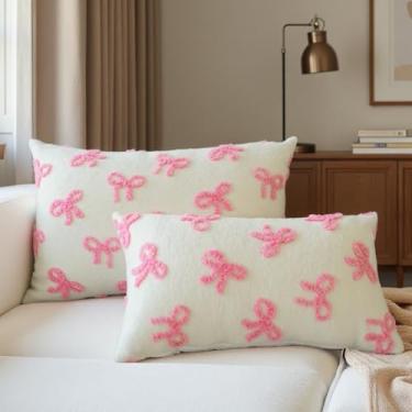 Imagem de YDBDAT Capas de almofada Coquette Bow Decor de quarto rosa bordadas 12 x 20 conjunto de 2 fronhas de almofada para decoração de laço Coquette para casa, quarto, sofá, dormitório