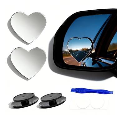 Imagem de 2 peças de espelhos de ponto cego, 5 cm em forma de coração HD vidro convexo 360° grande angular retrovisor lateral com caixa ABS para carros, SUV e caminhões, formato de coração cromado, pacote com 2