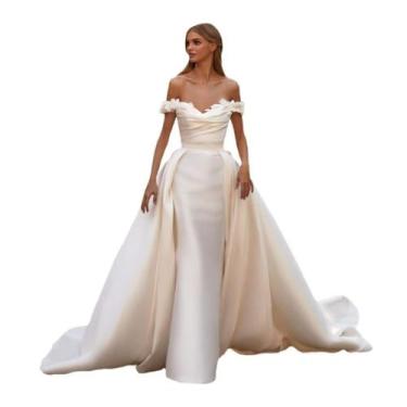 Imagem de Vestido de noiva Hegbach Mermaid Off Shoulder, decote em V, cetim - He