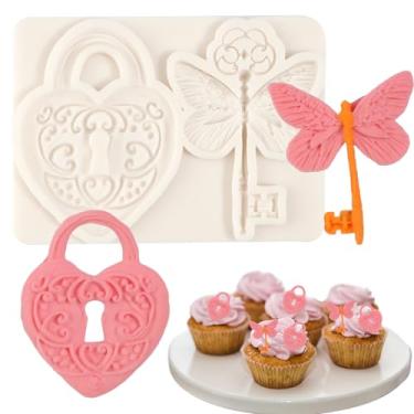 Imagem de ICNYEKl 1 molde vintage de silicone com cadeado de coração, requintado molde de silicone para fondant de chocolate com chave de borboleta para casamentos, enfeites de cupcake, decorações de bolo
