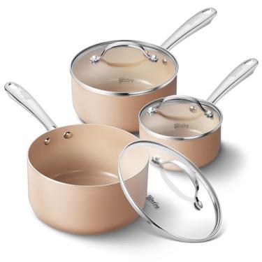 Imagem de HLAFRG Conjunto de panela antiaderente de 1 + 2 litros com tampas, conjunto de panela pequena, revestimento de cerâmica, menos óleo e fácil de limpar, cabo de aço inoxidável, seguro para forno