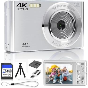 Imagem de Câmera digital, FHD 1080p infantil, câmeras digitais de 44 MP com cartão SD de 64 GB, zoom de 16x, baterias, cordão, compacto para crianças, meninos, meninas (kit de câmera, prata)