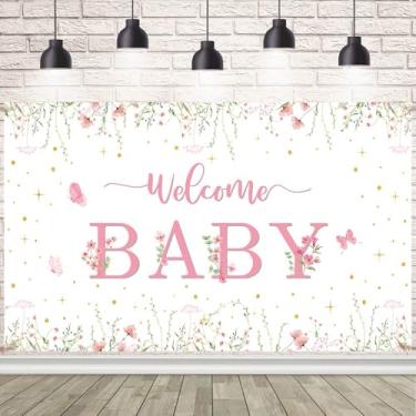 Imagem de AIBIIN Faixa rosa de boas-vindas para bebês de 2,1 x 1,5 m Decorações de chá de bebê para meninas It's a Girl Welcome Baby Banner Baby Shower Revelação de gênero suprimentos de festa