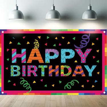 Imagem de Saoplasa Banner colorido de feliz aniversário anos 80 brilhante decoração de festa retrô fundo fotográfico suprimentos de aniversário infantil cabine de fotos 180 x 109 cm
