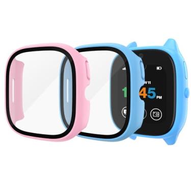 Imagem de Tobfit [Pacote com 2] Capa protetora de tela para Verizon Gizmo Watch 3 com capa protetora de vidro temperado HD, capa rígida de policarbonato com cobertura total para relógio infantil Gizmo 3, rosa