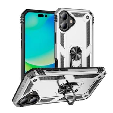 Imagem de SORAKA Capa para iPhone 16 Plus com suporte de anel, capa protetora para iPhone 16 Plus, capa traseira de policarbonato rígido com placa de metal para suporte magnético de telefone e carro, prata