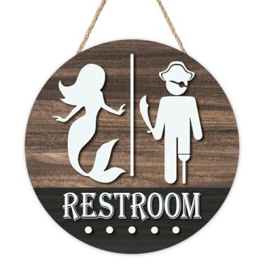 Imagem de Bolisom Placa engraçada para porta da frente do banheiro, placa de sereia pirata náutica, cabide de madeira, praia, navio oceano, decoração de banheiro, guirlanda de madeira rústica para casa de