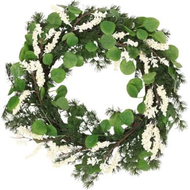 Imagem de Worldwidetraders Guirlandas artificiais de Natal para porta da frente, guirlanda artificial de eucalipto e pinheiro de 65 cm com frutas vermelhas para decoração interna e externa (branca)