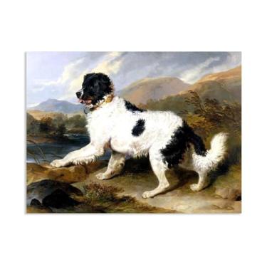 Imagem de Zeichn8u Edwin Landseer Impressão em tela Lion' a Newfoundland Dog Poster Giclee reprodução de pintura Edwin Landseer arte de parede decoração de casa sala de estar escritório quarto 100 x 70 cm