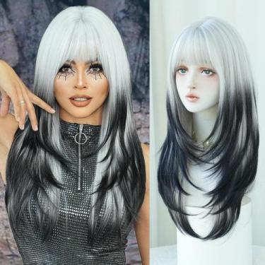 Imagem de Peruca 7JHH WIGS longa e reta em camadas de 63 cm com franja preta e b