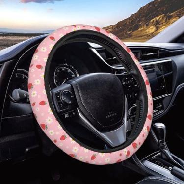 Imagem de Capa de volante floral rosa morango margarida para mulheres e homens, protetor de volante antiderrapante capas de roda de carro, universal de 38 cm, adequado para automóveis, SUVs, caminhões