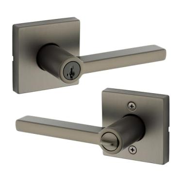 Imagem de Kwikset Maçaneta de porta de entrada Halifax com fechadura e chave, exterior de alavanca reversível com chave segura quadrada, fechadura para entrada frontal e quartos, bronze metálico, segurança