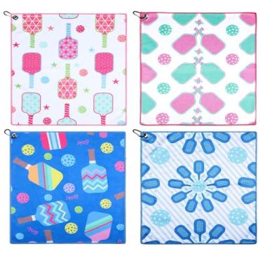 Imagem de Lounsweer Pacote com 4 toalhas esportivas padel de 38 x 43 cm com mosquetão, design colorido de estampa de raquete e bola, toalha absorvente de academia para atletas