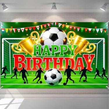 Imagem de HOMETITUTE Faixa de Feliz Aniversário de Futebol com Troféu de Bola de Futebol e Decorações de Gol para Festa de Aniversário Infantil Cenário Interno e Externo 71x43 Polegadas