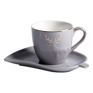 Imagem de Caneca 150 ml Conjunto de Xícara de Café e Pires com Decoração Graciosa de Alce Alce e Bordas Douradas Porcelana Espresso Copos e Colheres Caneca de Café (Cor: Gris)