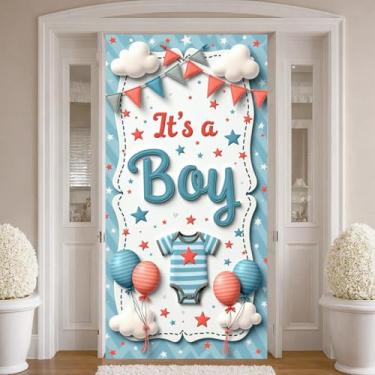 Imagem de It's A Boy Banner Baby Boy Door Banner Capa de Porta Azul Foto Pano de Fundo para Revelação de Gênero Sinal de Porta de Chá de Bebê Decoração de Festa Dentro Externo Suprimentos de Festa Recém-nascido