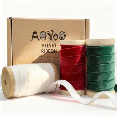 Imagem de Conjunto de fitas de veludo de Natal de 1,9 cm x 15 m, acabamento de tecido de carretel de madeira, 3 rolos * 5 jardas para decoração de guirlanda de Natal, ornamentos artesanais de embrulho de