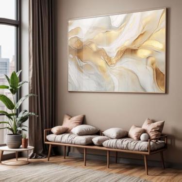Imagem de Quadro com Moldura e Acrilico Cristal Vidro Sala Quarto Abstrato Dourado Branco Mármore Decorativo Horizontal Grande Hall