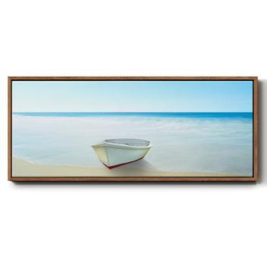 Imagem de Renditions Gallery Quadro flutuante arte fileira barco sozinho na praia admirando o mar brilhante impressões abstratas para restraunts cozinha escolar - 30,5 cm x 76,2 cm moldura nogueira LT610