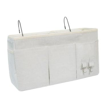 Imagem de WeiLaiKeQi Bolsa de armazenamento suspensa para cabeceira, organizador de cabeceira, vários bolsos para porta-revistas, controle remoto, sofá lateral, Branco