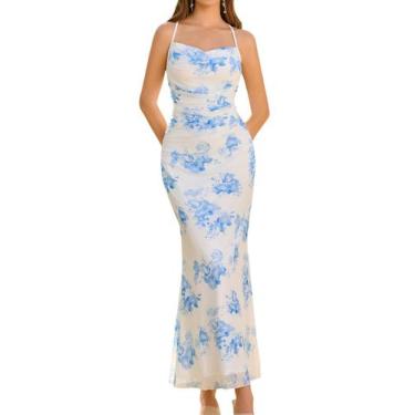 Imagem de Vestido longo URYIAO, floral de verão, malha franzida, Bodycon S, bran