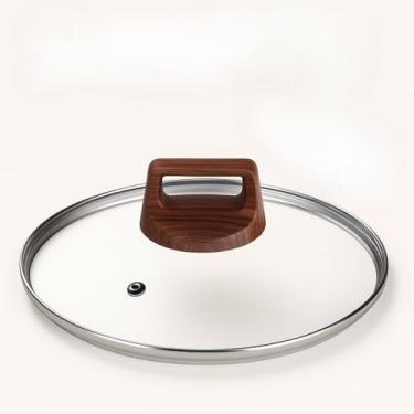 Imagem de Tampa Frigideira, Tampa de Vidro Temperado para Panelas Frigideiras Caçarola Modelo Premium Puxador Madeira(28cm)