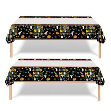 Imagem de CPCOIN Toalha de mesa retangular à prova d'água, pacote com 2, toalha de mesa descartável de plástico para decoração de festa de Halloween, suprimentos de férias, preto, 137 x 221 cm
