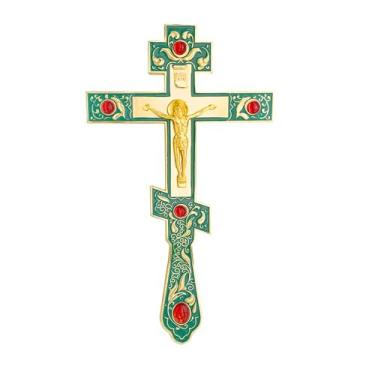 Imagem de RZRHMUHN Cruz de bênção ortodoxa de 26 cm, cruz de mão ortodoxa, crucifixo bizantino de metal, presente de fé para padre, coleção de arte religiosa, decoração de casa (verde)