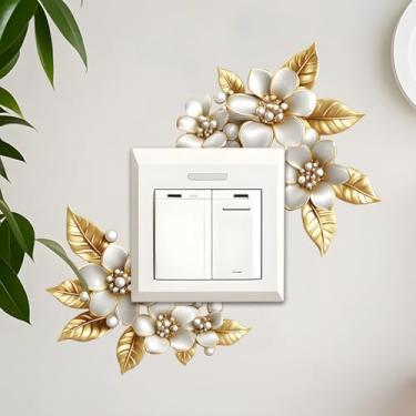 Imagem de Elegante adesivo de interruptor de lâmpada de flor dourada - Decalque floral removível com padrão de enfeite de pérola | Autoadesivo | para sala de estar, quarto e banheiro | Decoração de casa chique