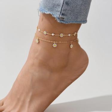 Imagem de Tornozeleira feminina com margaridas em camadas, corrente de pé de praia, em camadas, pérola, tornozeleira, joia delicada para os pés