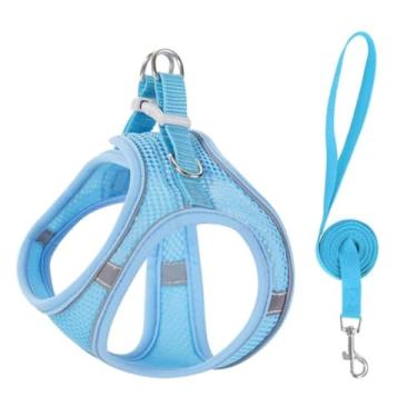 Imagem de Conjunto de arnês e coleira para gatos, colete macio e respirável com faixa refletiva, arnês à prova de escape, fácil de usar para gatos caminhando e viajando (azul, P)