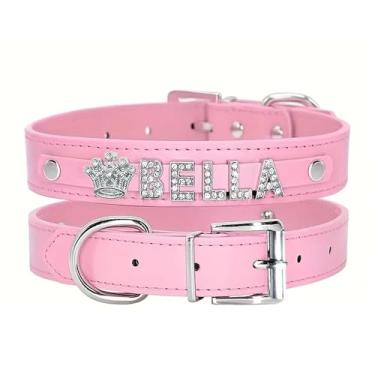 Imagem de Coleira elegante para cães – Coleira de identificação de couro com strass para cães e gatos pequenos, médios e grandes, rosa, M