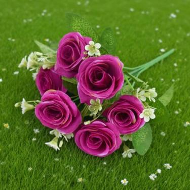 Imagem de 1 pacote com 6 cabeças de flores de rosa de seda artificial pequeno buquê de flores para festa em casa primavera decoração de casamento flor falsa (roxo)