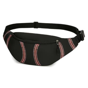 Imagem de Bolsa de cintura esportiva de nylon com estampa de beisebol, multifuncional, bolsa mensageiro de ombro único, adequada para esportes, Preto, Preto