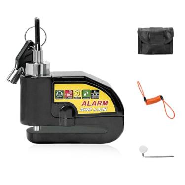 Imagem de MTRPS Conjunto de bloqueio de disco de alarme, cadeado de freio de segurança antifurto de som de alarme de 110 dB com cabo lembrete de 1,5 m, trava de freio a disco à prova d'água alimentada por