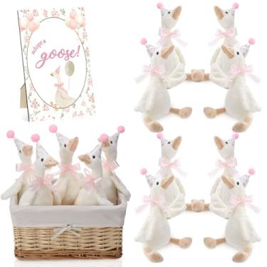 Imagem de Blueweenly One Silly Goose 1º aniversário decoração 8 conjuntos 15,7 polegadas macio boina boina bicho de pelúcia com decoração de mesa de madeira para presente de festa de aniversário de Natal