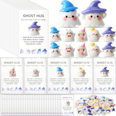 Imagem de Fiwochic Conjunto de 50 símbolos de presente de fantasma de Halloween em miniatura de resina com cartões e bolsas, lembrancinhas de festa de Halloween, recompensas de sala de aula, doces ou