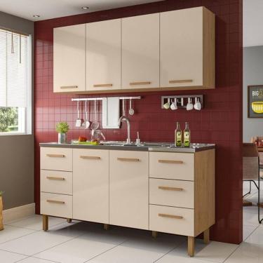 Imagem de Armário De Cozinha Com Balcão Belém 2 Portas 6 Gavetas Amêndoa Off