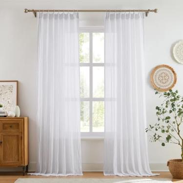 Imagem de Melodieux Cortinas de algodão de 246 cm de comprimento para porta de vidro deslizante, conjunto de 2 painéis, cortinas transparentes plissadas com ganchos, painéis de janela enrugados para sala de