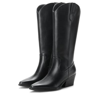 Imagem de ElegaStep Botas femininas de caubói ocidental, cano alto, simples, com sola de borracha confortável para uso diário, Publack, 35