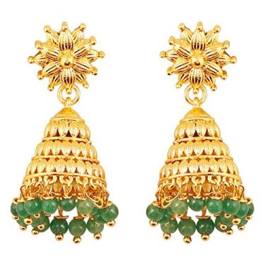 Imagem de Touchstone indiano Bollywood Bahubali Fame étnico Royal charm designer joia lustre brincos pendurar com pérolas falsas em ouro para mulheres em tom dourado. Verde