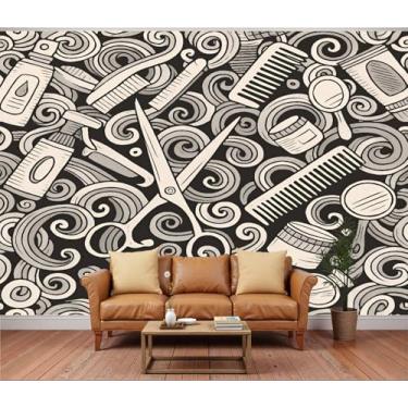 Imagem de UYS69Z5PG Descole e cole papel de parede desenho animado rabiscos fofos cabelo desenhado à mão sem costura padrão monocromático decalques de parede papel de parede removível mural de parede para salão