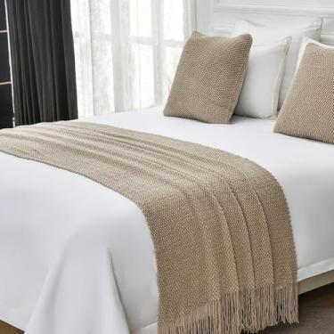Imagem de Cama Runner Cachecol Colchas Camas Corredores Cama King Size Tricô Cobertor Sofá Cobertor com Borla Cor Sólida Lenço Proteção Casa Hotel Cama Decorativa Lance Cáqui ||65 x 260 cm (Cama de 2 m)