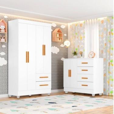 Imagem de Quarto Bebê Infantil com Guarda-roupa 4 Portas e 2 Gavetas com Cômoda 4 Gavetas e 2 Portas Lite Branco