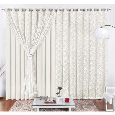 Imagem de Cortina Yasmin 3 Metros Palha Tecido Malha Com Renda Floral Sala Ou Quarto