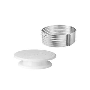 Imagem de Prato Bolo Giratorio e Cortador Molde Inox Camadas Ajustavel - CASACHA