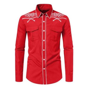 Imagem de Camisa masculina KISSQIQI Western Cowboy bordada Slim Fit
