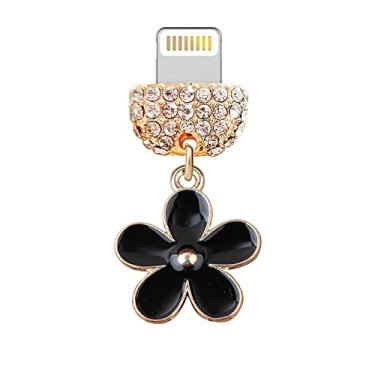 Imagem de ELISE & FONDA CP463 Porta de carregamento USB plugue antipoeira pequena flor de lírio pingente de telefone para iPhone 13/12/11/XS MAX/XR/X/8 Plus/7/6S/8/SE iPad iPod (preto)