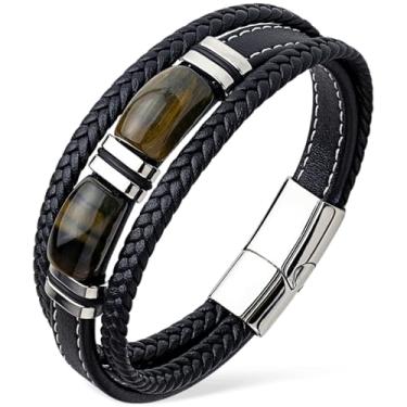 Imagem de VANFORWYN Pulseira masculina olho de tigre de couro trançado preto com proteção de pedra natural pulseira de aço inoxidável presente para ele, Large, Couro, Sem Pedra Preciosa