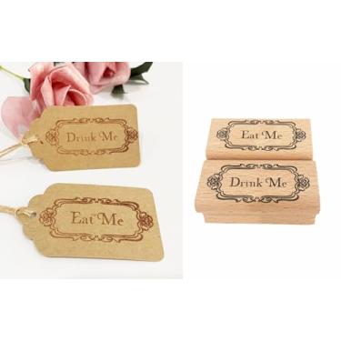 Imagem de CHYHMYT - Carimbo de borracha de madeira personalizado inspirado em Alice no País das Maravilhas Eat Me and Drink Me Carimbos de borracha personalizados (Eat Me + Drink Me)